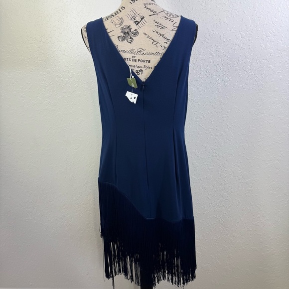 Trina Turk Alana navy‎ swing size 6 mock pleat Elegant Navy Fringe Dress nwt - Picture 6 of 14